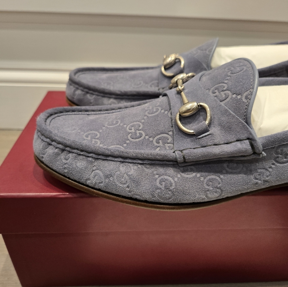 $1090 GUCCI Horsebit 1953 GG Embossed Gray Suede Loafer Shoes UK 10 US 11 EU 44 - Picture 5 of 9